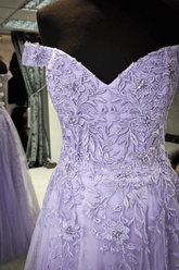 Rebecca | A Line Backless Lavender Off the Shoulder Corset Prom Dress with Slit - Lavender - PromDressClub